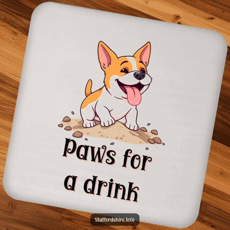 Funny, energetic Staffordshire dog with a happy pant, digging enthusiastically in soft earth on a set of protective drink coasters.