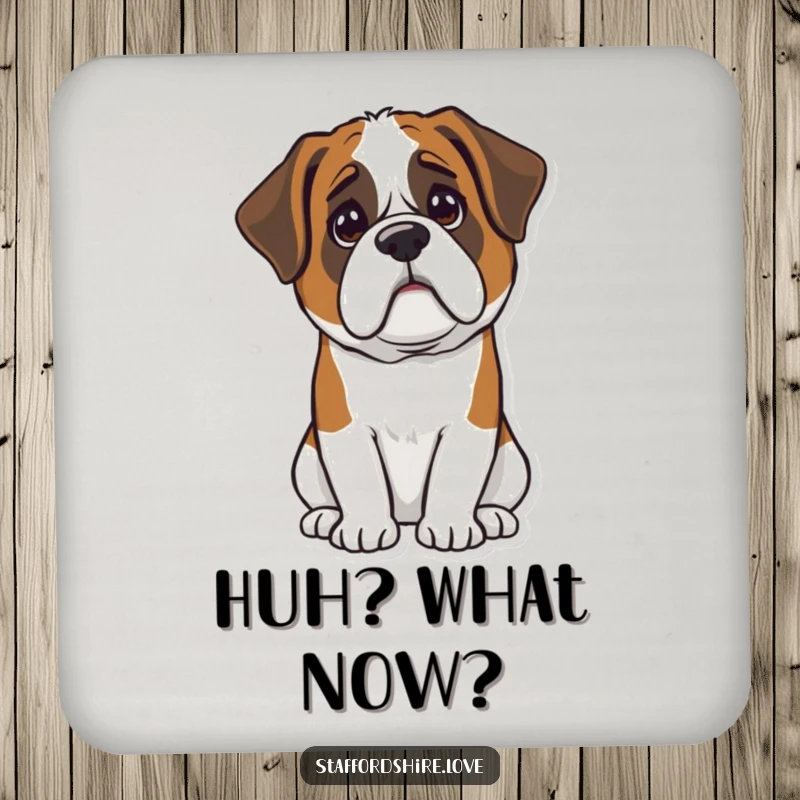 Funny Kawaii Saint Bernard coaster featuring a cute, confused dog face, protecting surfaces with humor, a fun funny gift.