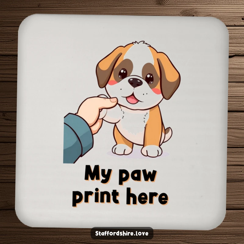 Funny Saint Bernard coasters with a cute Kawaii dog nudging a hand, protecting tables with a touch of pet-themed humor.