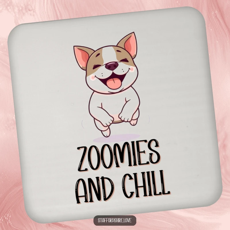 Funny Kawaii Staffordshire Bull Terrier coaster, captured mid-zoomie with joyful energy, perfect for protecting surfaces.