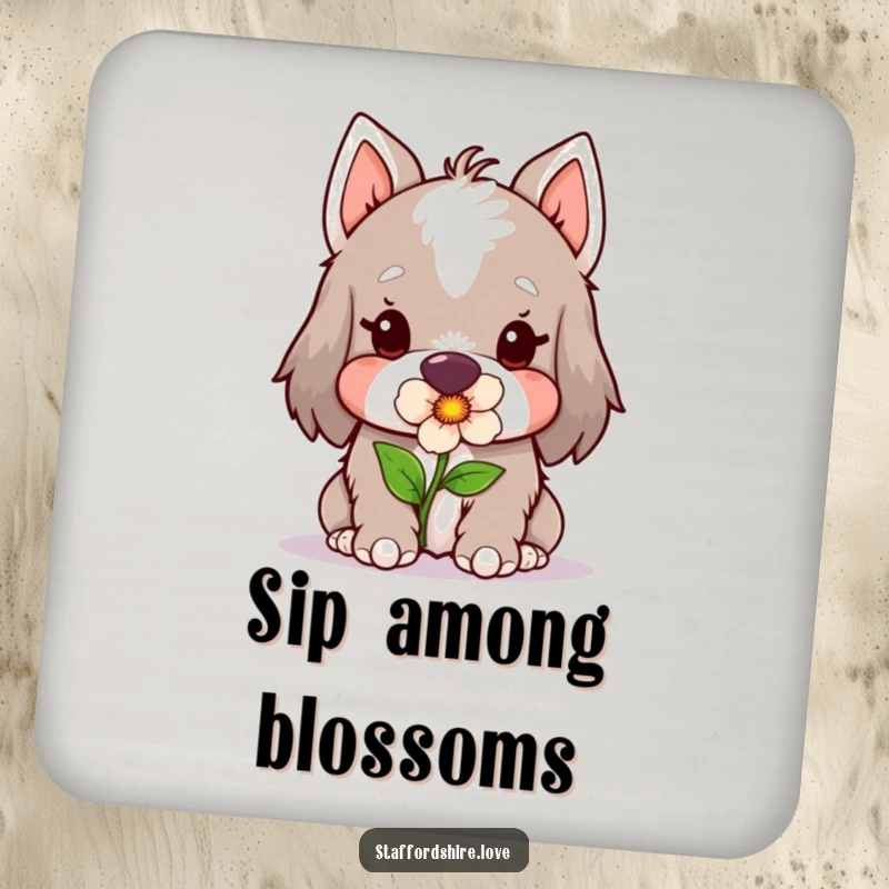 Funny Kawaii Staffordshire Coasters, showcasing a cute Staffy gently holding a flower in its mouth, perfect for protecting furniture with charm.