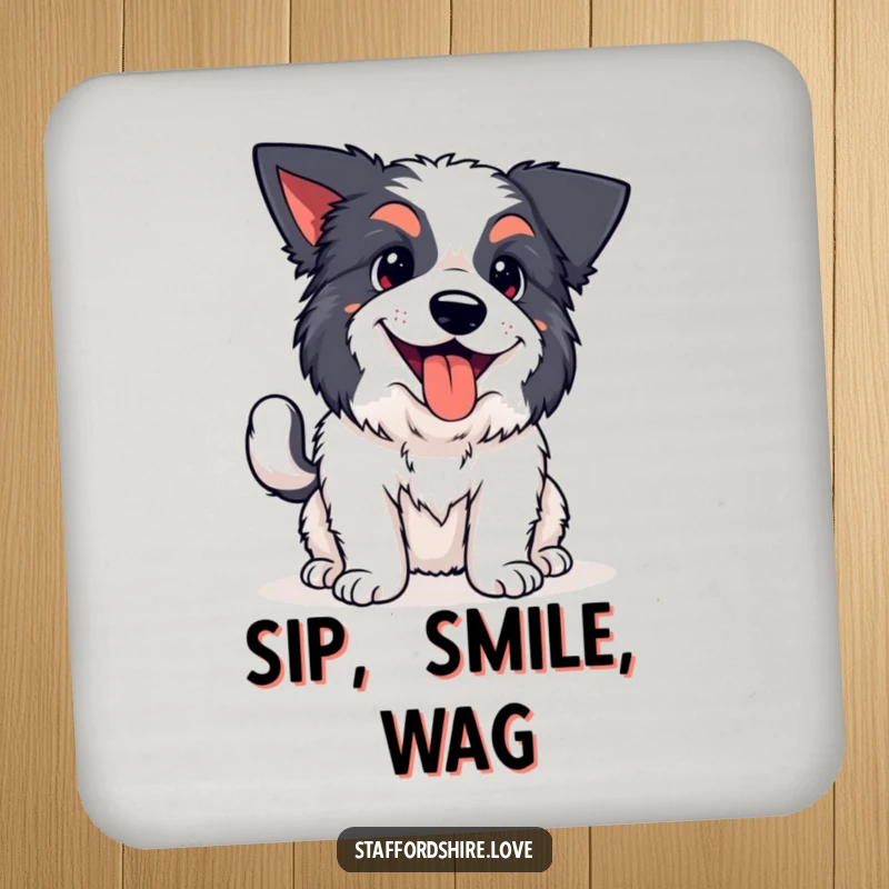 Funny kawaii Staffordshire coasters, featuring a happy dog panting with a wagging tail, protecting surfaces with canine charm and humor.