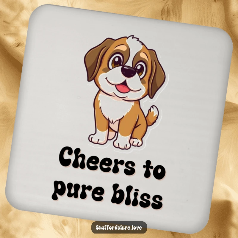 Funny Saint Bernard coaster with a dog's shining eyes and wagging tail, adding a touch of canine happiness.