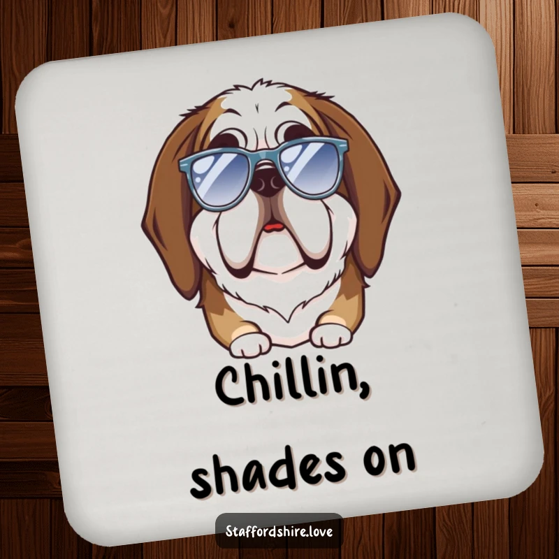 Funny Saint Bernard coaster with a large dog making a goofy face while wearing tiny sunglasses, protecting furniture with laughs.