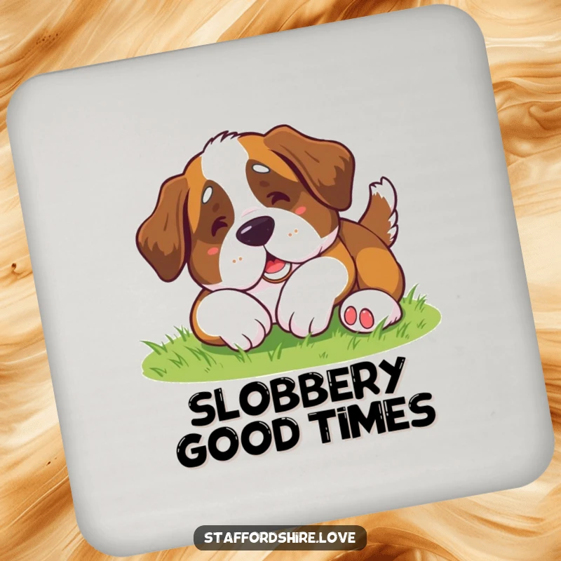 Funny Saint Bernard Coaster: Protective coaster with a cute kawaii Saint Bernard dog doing a funny roll.