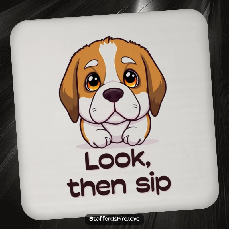 Funny drink coaster set with a Saint Bernard dog's big, soulful eyes looking up, adding a heartwarming and protective touch to tables.