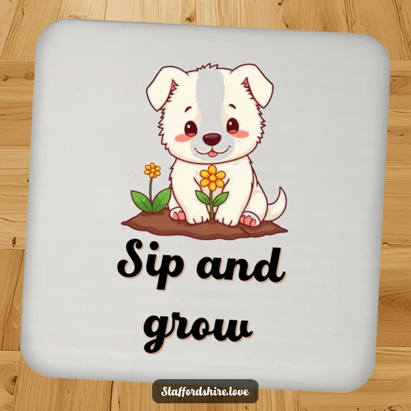 Funny drink coaster featuring a gentle Staffordshire character planting a tiny, colorful flower, adding nature's humor to surfaces.