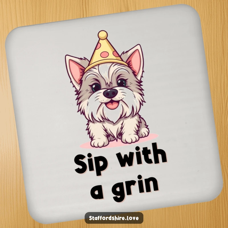 Funny Staffordshire dog with a silly grin wearing a tiny cone hat on a drink coaster. Ideal gift.