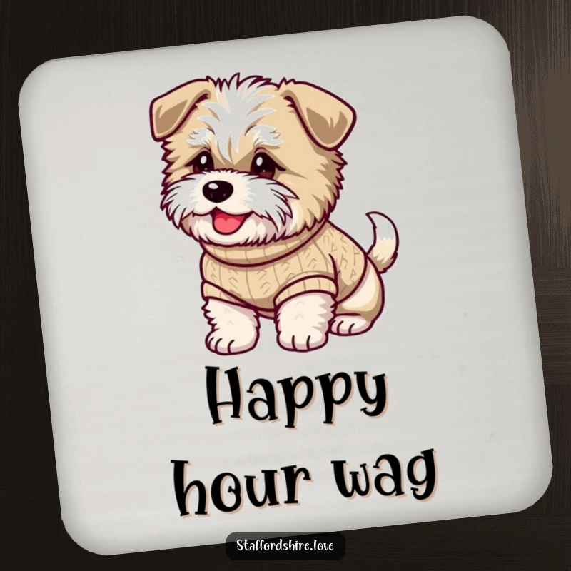 Funny drink coaster with a fluffy Staffordshire dog in a sweater, tail wagging, adding cute dog humor.