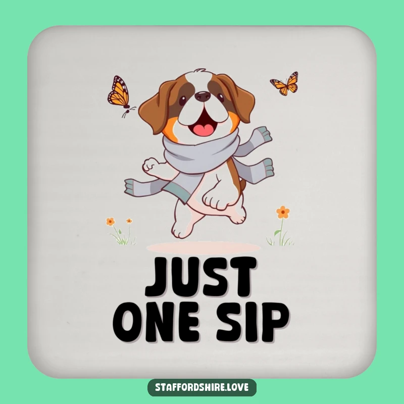 Funny Saint Bernard Butterfly Chase Coaster Set: Protect Surfaces with Canine Charm