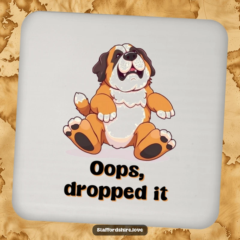 Funny drink coaster featuring a Saint Bernard tripping humorously, adding a touch of canine clumsiness to tabletops.