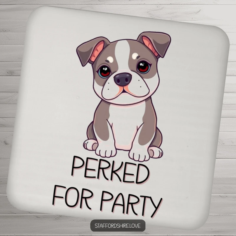 Funny kawaii Staffordshire Bull Terrier drink coaster with ears perked up, offering humorous protection and attentive charm.