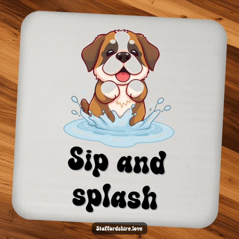Funny drink coaster with a kawaii Saint Bernard dog playfully splashing in a puddle, a cute table accent.