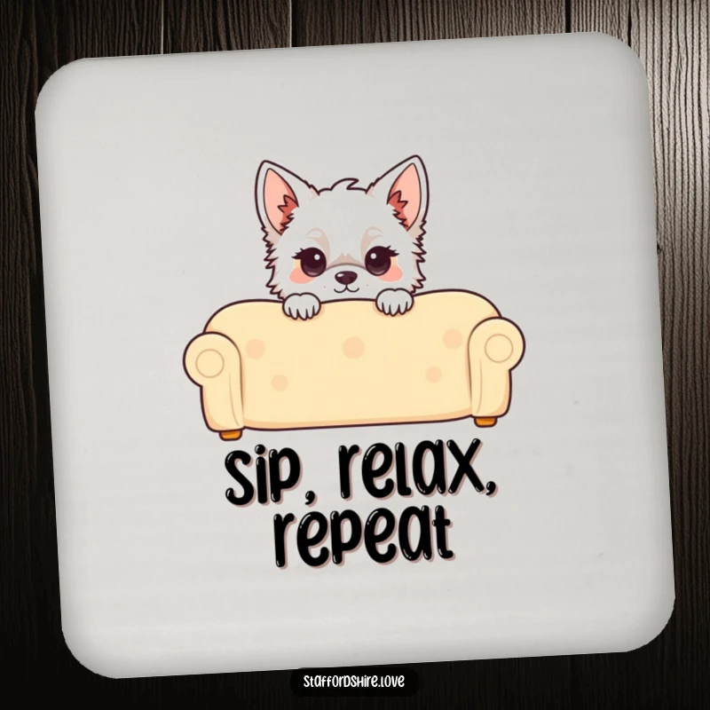 Funny Kawaii Staffordshire Coasters, showcasing a cute Staffy peeking over a couch, perfect for protecting furniture with charm.