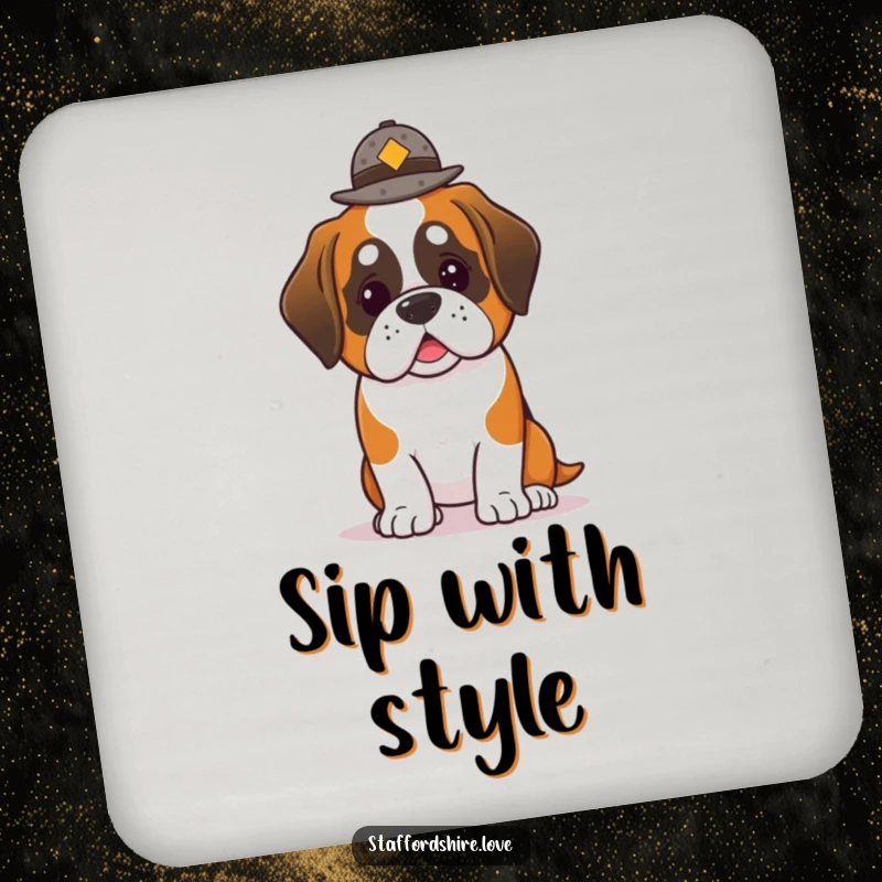Funny Saint Bernard Coaster: Protective coaster with a cute kawaii Saint Bernard dog balancing a small hat.