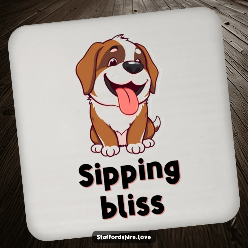 Funny Kawaii Saint Bernard coaster featuring a cute, happy, panting dog with a wide grin, protecting surfaces with humor, a fun funny gift.