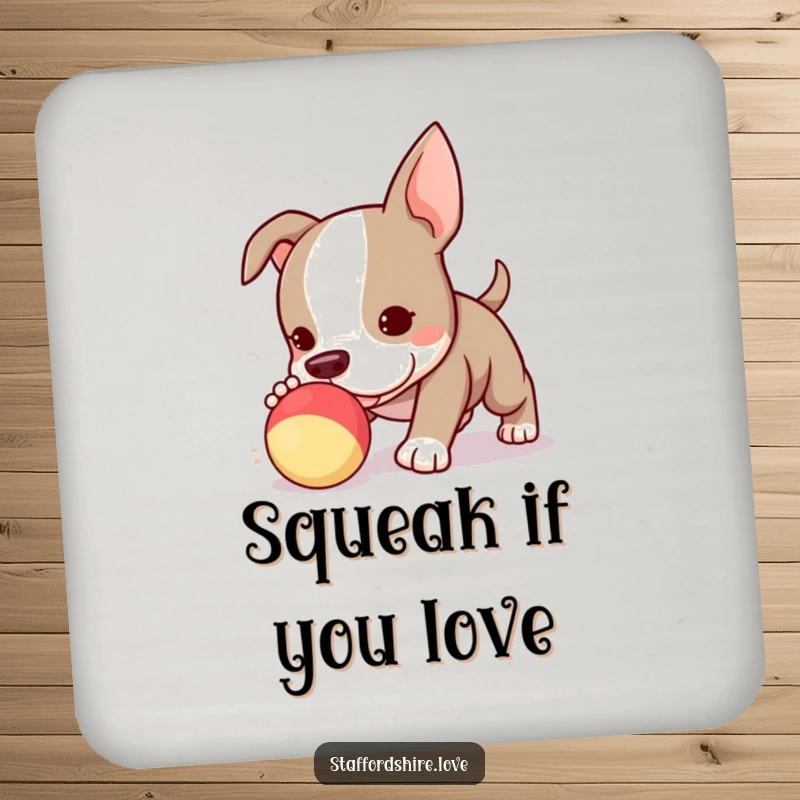 Funny Kawaii Staffordshire Bull Terrier puppy coaster, playfully guarding a squeaky toy, adding a cute touch.
