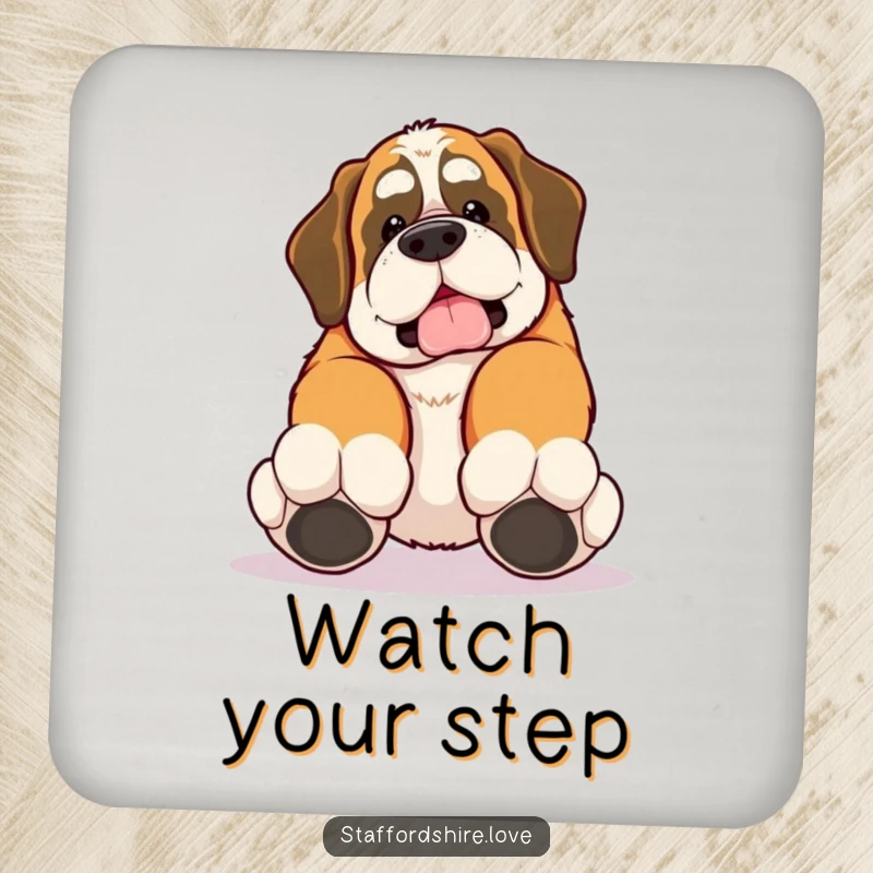 Funny drink coaster with a kawaii Saint Bernard tripping over its own large paws, a humorous table accent.