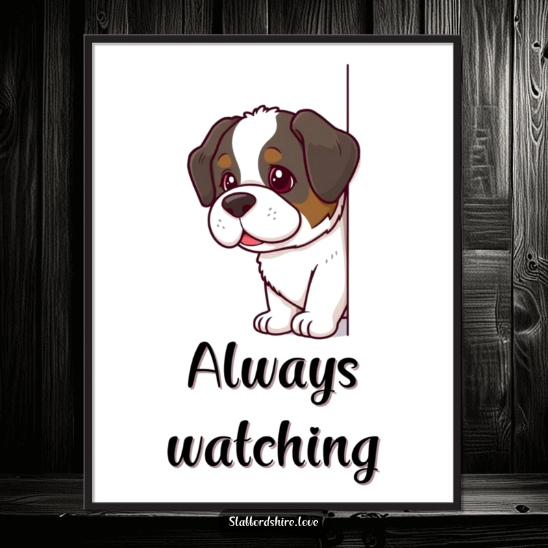 Funny Saint Bernard Poster showing a dog with a mischievous glint, peeking around a corner, bringing playful energy to wall art.