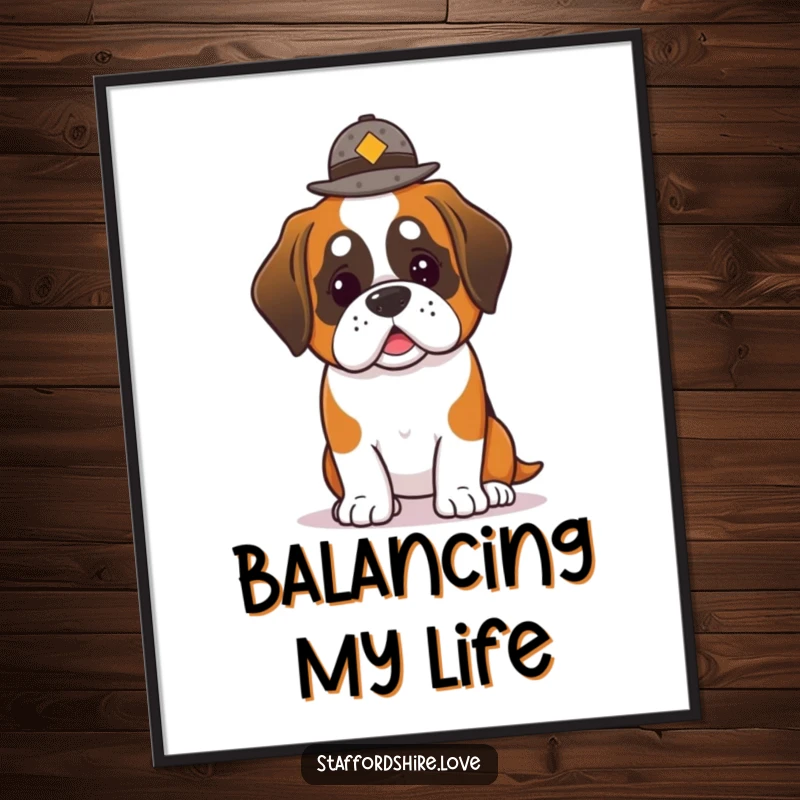 Funny Saint Bernard Poster: Charming wall art of a kawaii Saint Bernard dog precariously balancing a small hat.