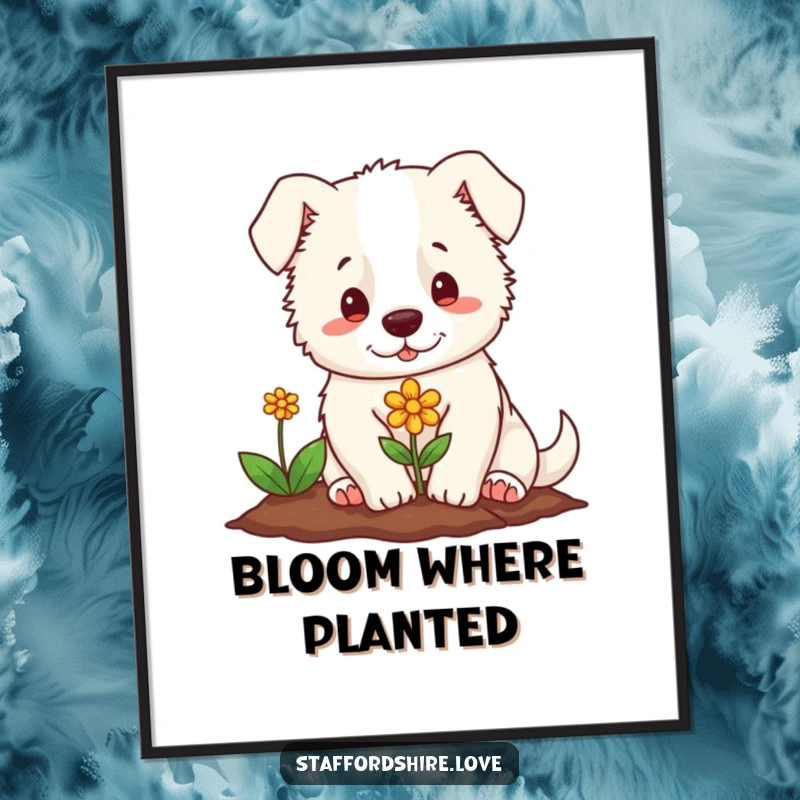 Funny poster showcasing a soft Staffordshire with a gentle expression, planting a tiny, colorful flower. A tranquil and humorous artwork.