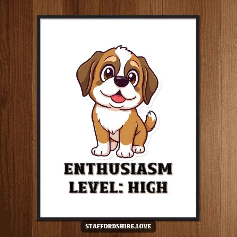 Funny Saint Bernard poster featuring a dog with large, shining eyes and a wagging tail, radiating pure happiness and excitement.