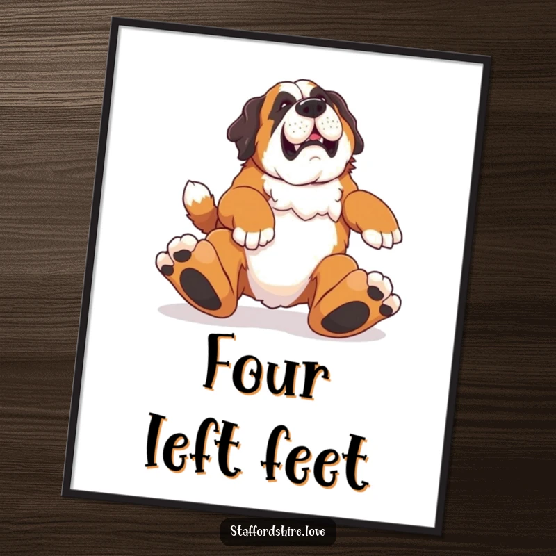 Funny poster of a Saint Bernard comically tripping over its own massive feet, perfect for humorous wall decor.
