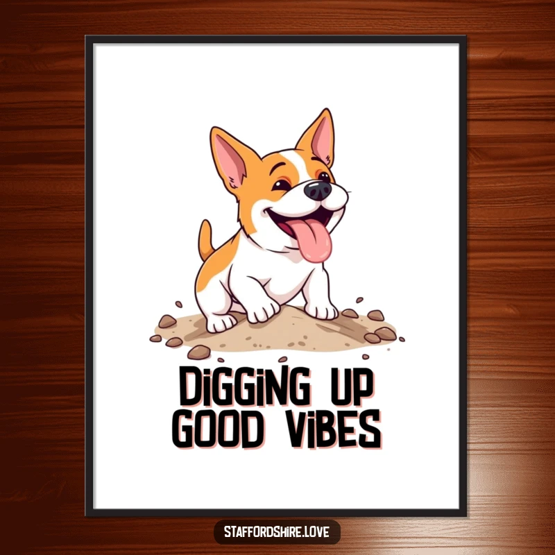 Funny, energetic Staffordshire dog with a happy pant, digging enthusiastically in soft earth, displayed as wall art.