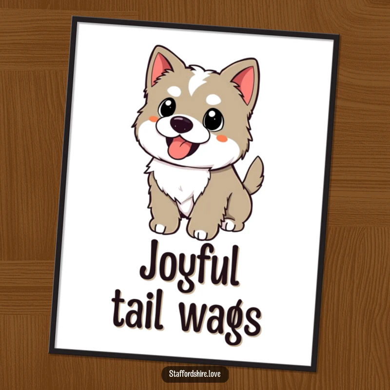 Funny kawaii Staffordshire puppy with a wagging tail, panting happily on a poster, as humorous and joyful wall art.