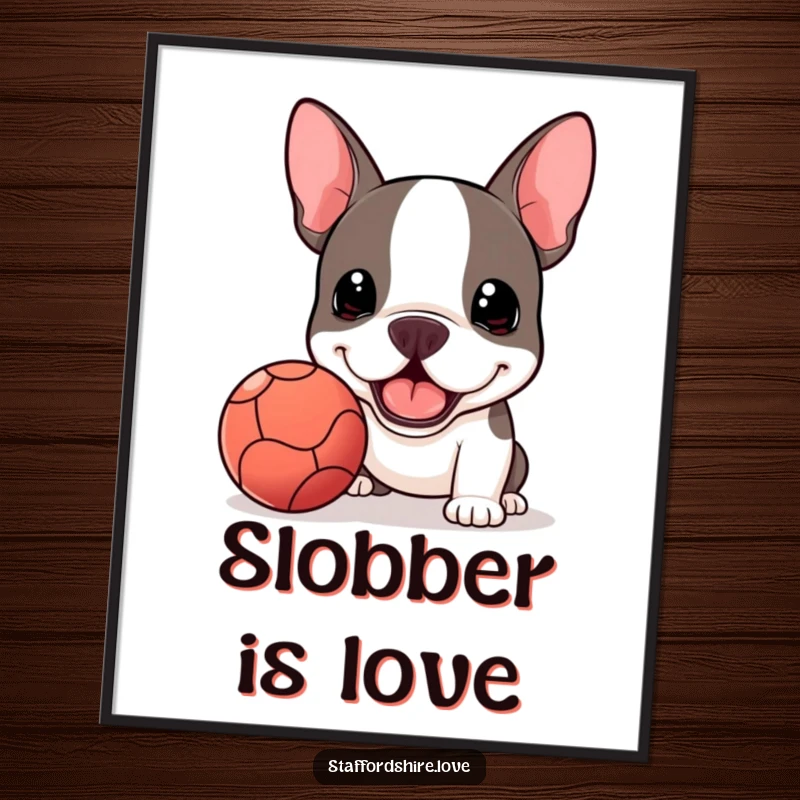 Funny Kawaii Staffordshire Bull Terrier poster, offering a slobbery ball with great enthusiasm, symbolizing playtime joy.