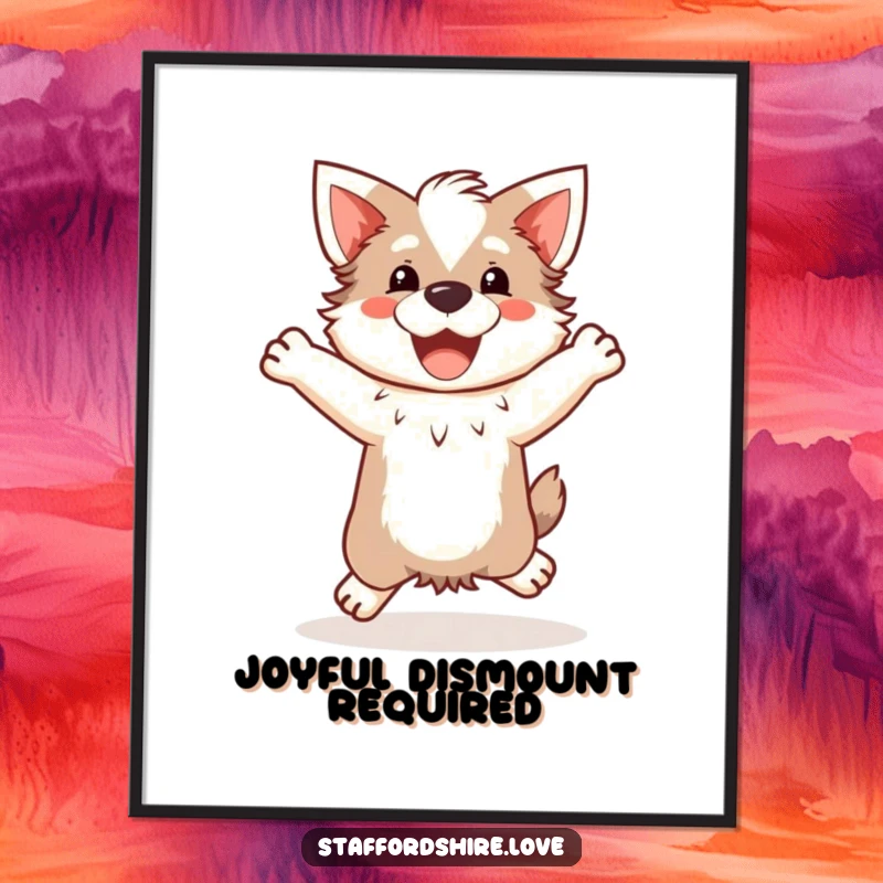 Funny Kawaii Staffordshire Poster, featuring a cute Staffy doing a happy, clumsy jump, adding charming and humorous artwork to any room.