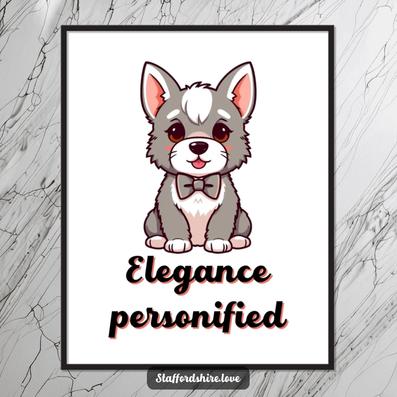 Funny kawaii Staffordshire poster, showing a proud dog sitting regally in a small bowtie, perfect for adding elegant humor to any space.