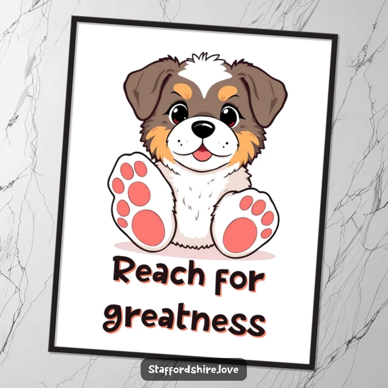 Funny kawaii Staffordshire poster, showing a pup with big paws reaching for a toy, perfect for adding playful humor to any space.
