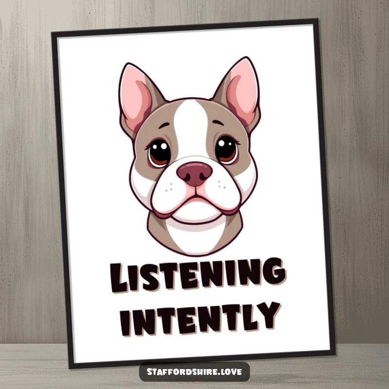 Funny kawaii Staffordshire Bull Terrier poster with head cocked curiously, adding adorable and humorous art to any room.