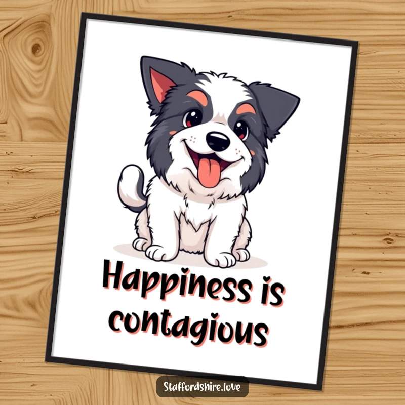 Funny kawaii Staffordshire poster, showing a happy dog panting with a wagging tail, perfect for adding cheerful humor to any space.