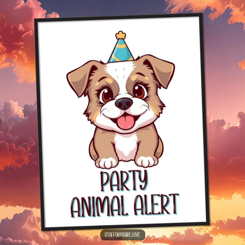 Funny poster of a Staffordshire dog wearing a tiny party hat, looking excited and ready for fun times.
