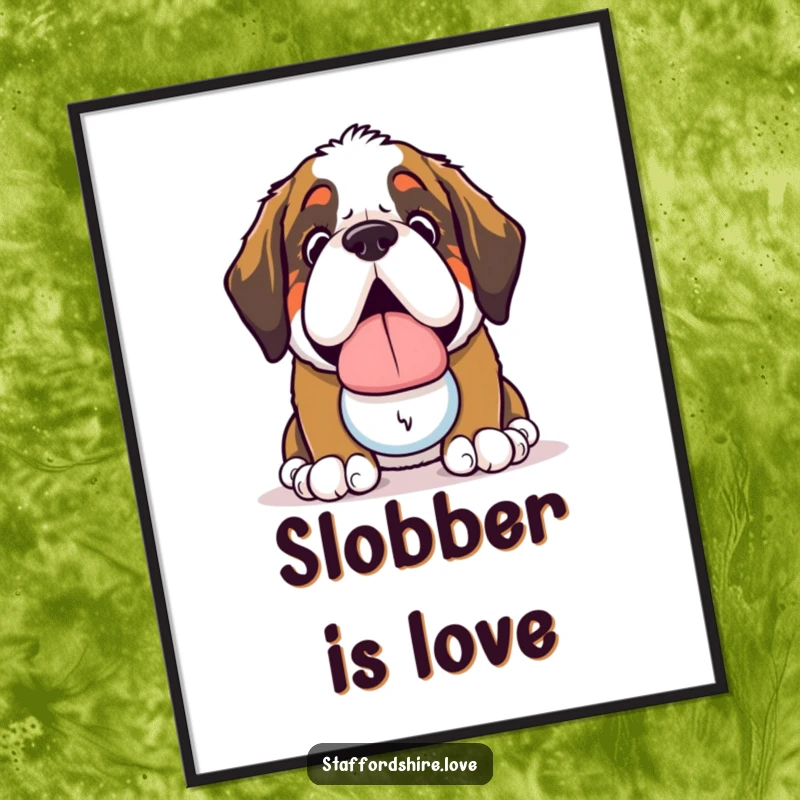 Funny Saint Bernard Poster: Charming wall art of a kawaii Saint Bernard dog offering a slobbery toy with devotion.