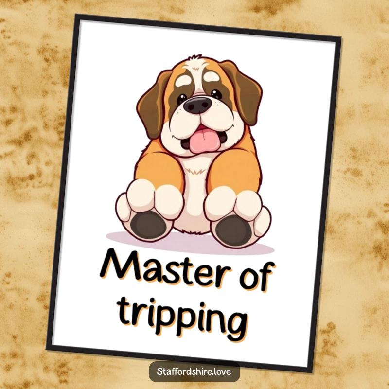 Funny poster featuring a kawaii Saint Bernard tripping over its own large paws, cute and humorous wall art.