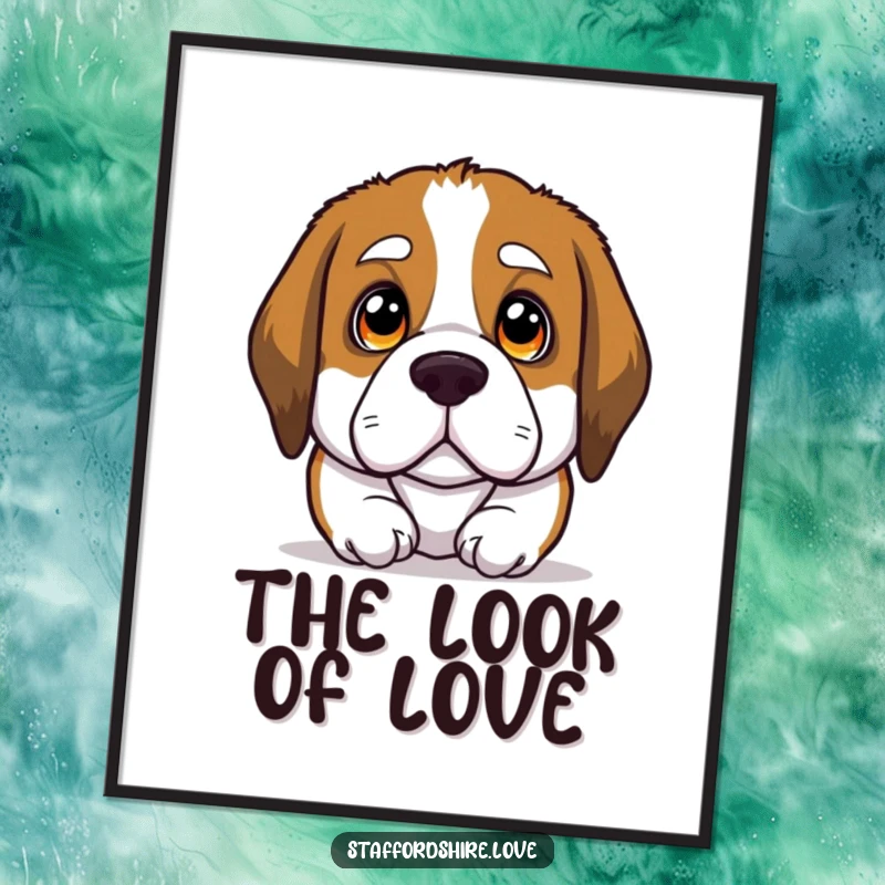 Funny poster art of a Saint Bernard dog gazing upwards with incredibly soulful, large eyes, conveying deep emotion and love.