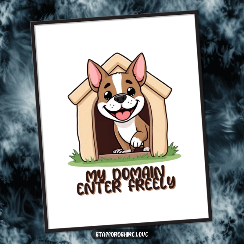 Funny Staffordshire dog poster capturing a grinning dog's head peeking energetically from a doghouse, creating humorous and inviting wall decor.