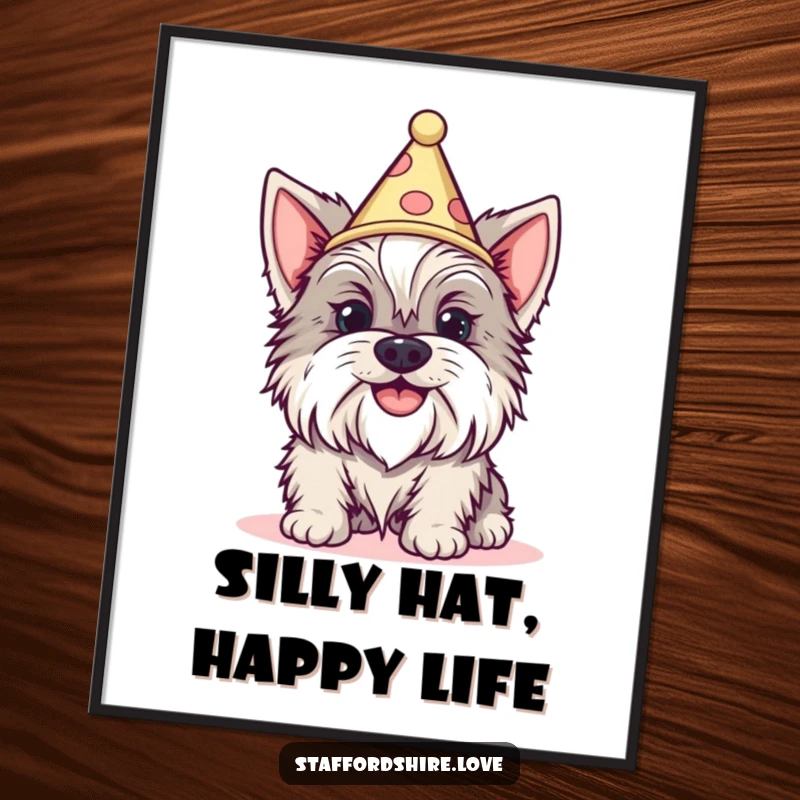 Funny Staffordshire dog with a silly grin wearing a tiny cone hat on a wall poster. Great gift.