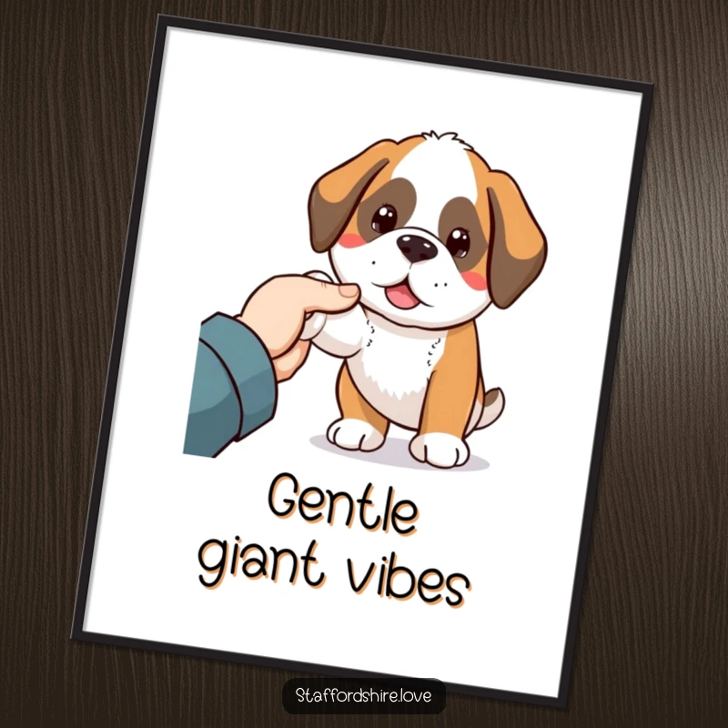 Funny Saint Bernard poster featuring a sweet Kawaii dog nudging a friendly hand, perfect for animal lovers and home decor.