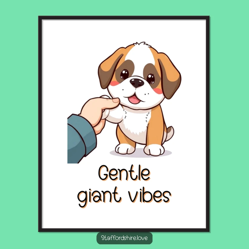 Funny Saint Bernard Poster: Kawaii Dog Nudging Hand Art - Humorous Wall Decor Gift!