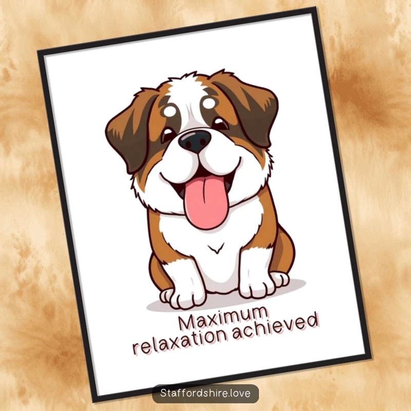 Funny Saint Bernard poster art of a dog in a happy sigh, tongue lolling lazily, creating a humorous and relaxing atmosphere.