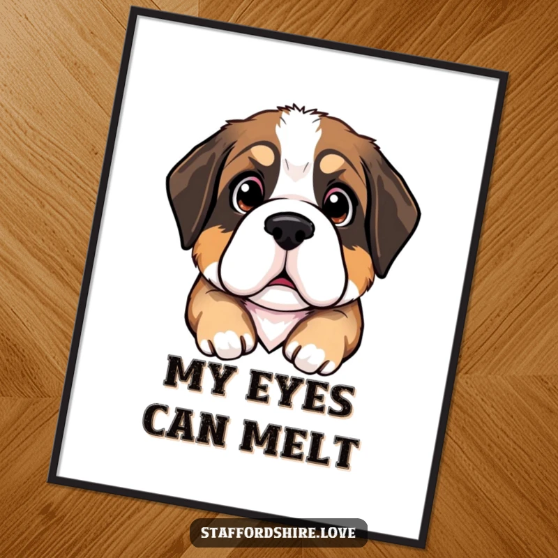 Funny Saint Bernard puppy poster print with a puppy's head tilted and large, pleading eyes, offering a humorous and heartwarming decorative piece.