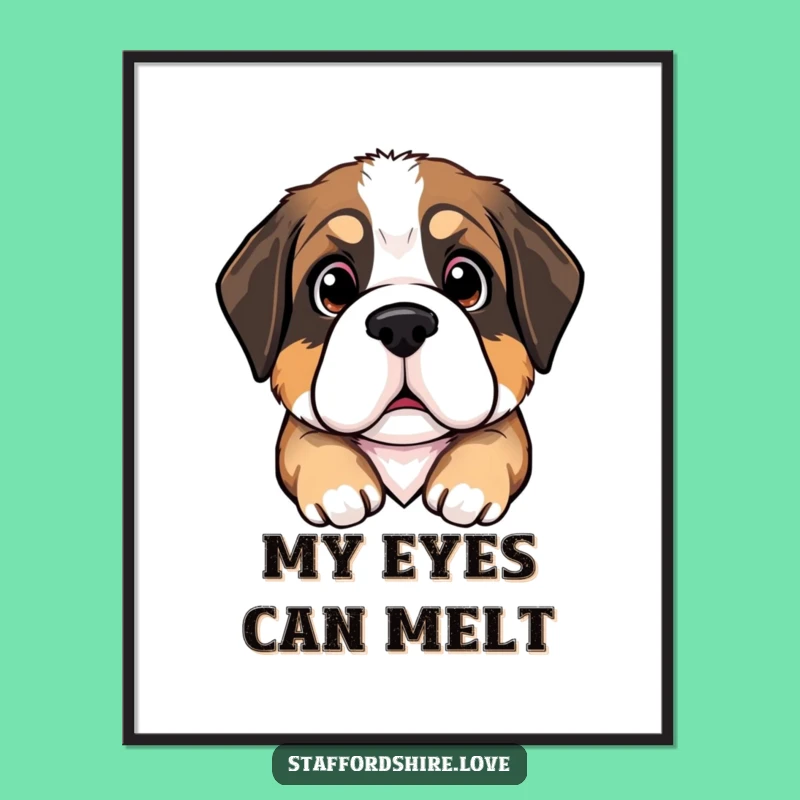 Funny Saint Bernard Puppy Poster: Large Pleading Eyes Art for a Whimsical & Hilarious Gift