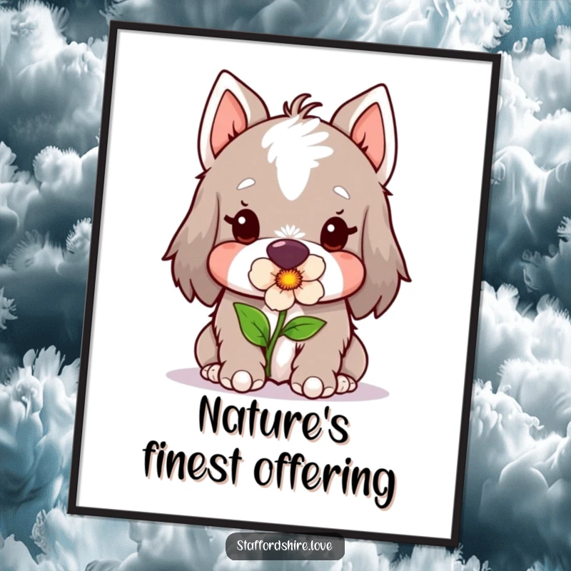 Funny Kawaii Staffordshire Poster, featuring a cute Staffy gently holding a flower in its mouth, adding charming and humorous artwork to any room.