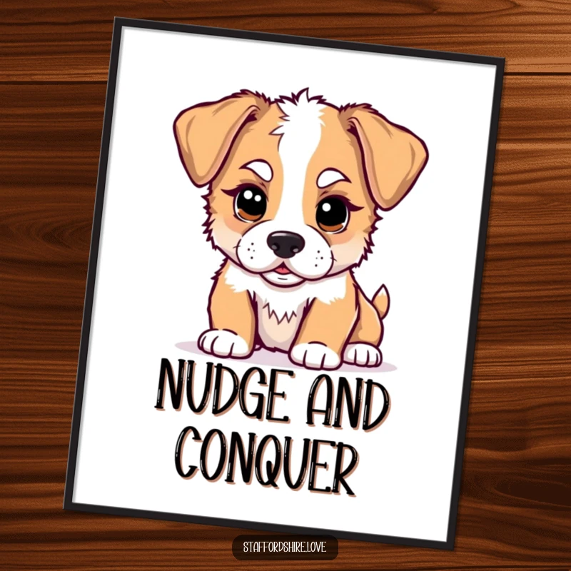 Funny kawaii Staffordshire puppy poster, showing a cute puppy with floppy ears playfully nudging, perfect for adding charming humor to any room.