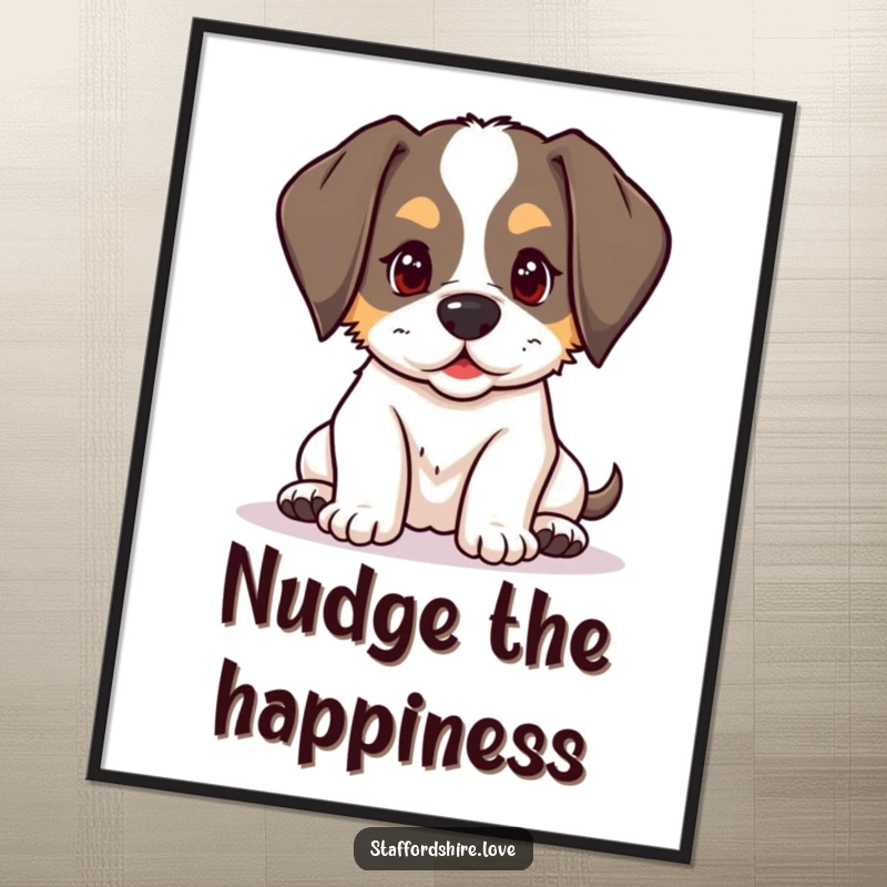 Funny kawaii Staffordshire puppy with floppy ears, playfully nudging on a poster, as humorous and sweet wall art.