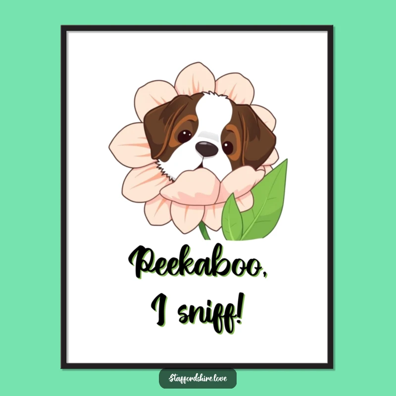 Funny Saint Bernard Flower Poster - Giant Peekaboo Wall Art